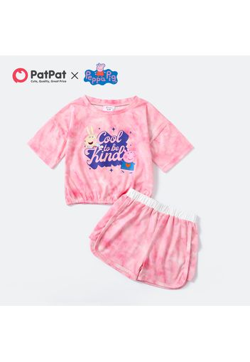 Peppa Pig 2pcs Toddler Girl Tie Dyed Letter Print Short-sleeve Drop Shoulder Tee and Pink Shorts Set