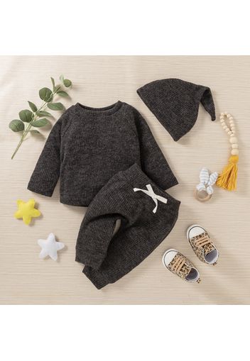 Baby Boy/Girl 3pcs Solid Ribbed Long-sleeve Pullover and Trouser Set