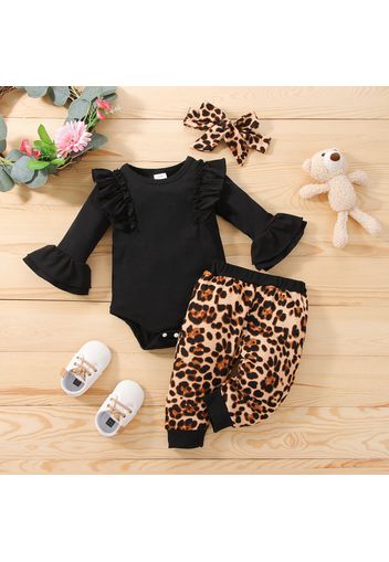 3pcs Baby Girl Black Ribbed Ruffle Bell Sleeve Romper and Leopard Trousers Set