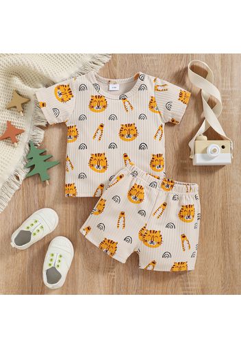 2pcs Baby Boy/Girl 95% Cotton Ribbed Short-sleeve All Over Cartoon Tiger Print T-shirt and Shorts Set