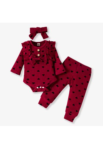 3-piece Baby Girl Heart Print Ruffled Bowknot Design Long-sleeve Ribbed Romper, Elasticized Pants and Headband Set