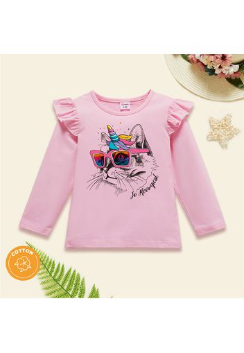 Toddler Girl Animal Cat Print Ruffled Long-sleeve Pink Cotton Tee