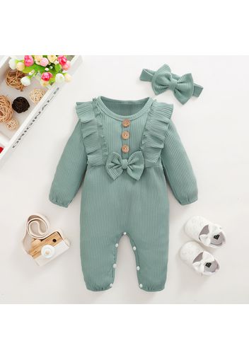 Baby 2pcs Solid Ribbed Ruffle Bowknot Long-sleeve Cotton Jumpsuit