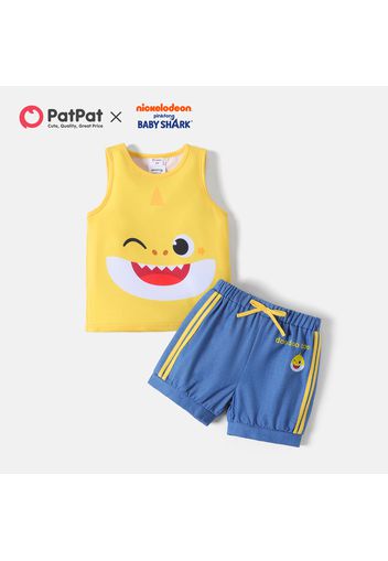 Baby Shark 2pcs Toddler Boy/Girl Tank Top and Striped Letter Print Cotton Denim Shorts Set