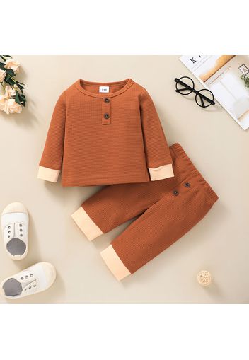 2pcs Baby Solid Long-sleeve Cotton Waffle Pullover and Trousers Set