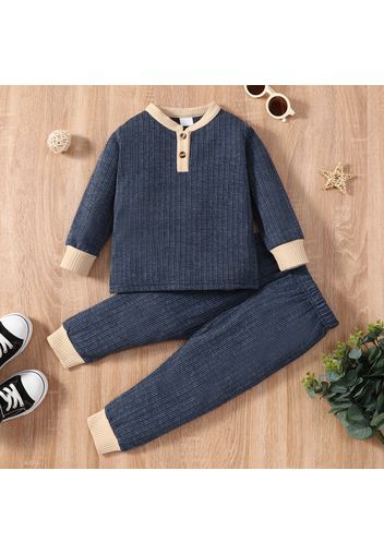 2-piece Toddler Boy/Girl Button Design Ribbed Colorblock Sweatshirt and Pants Set