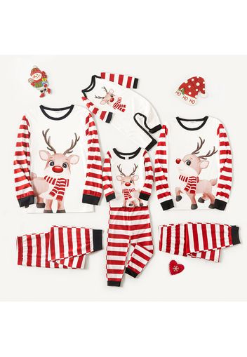 Christmas Cartoon Reindeer Print Family Matching Splicing Striped Long-sleeve Pajamas Sets (Flame Resistant)