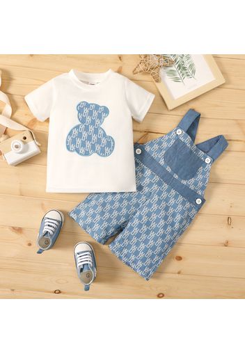 2pcs Baby Boy/Girl 95% Cotton Imitation Denim All Over Print Overalls Shorts and Cartoon Short-sleeve T-shirt Set