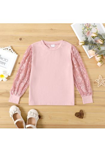 Kid Girl Lace Design Solid Color Long-sleeve Tee