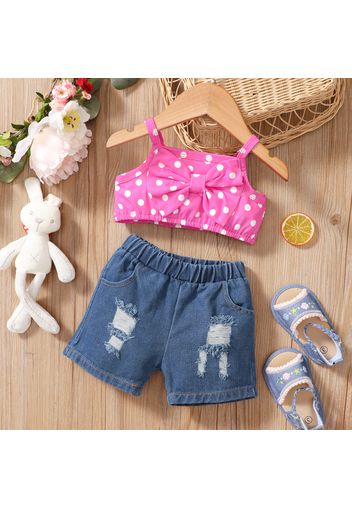 2pcs Baby Girl Polka Dots Bowknot Spaghetti Strap Crop Top and Ripped Denim Shorts Set