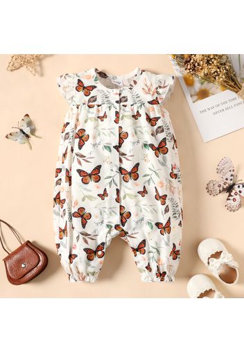 Baby Girl 100% Cotton Brown/White Butterfly Print Flutter-sleeve Snap Romper