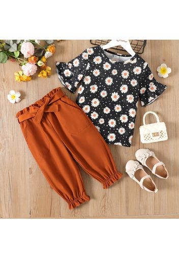 2pcs Kid Girl Floral Print Short-sleeve Tee and Belted Capri Pants Set