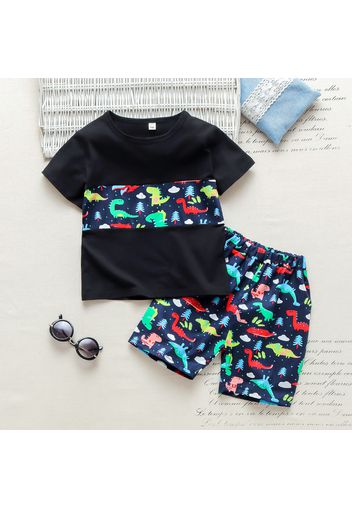 2pcs Toddler Boy Playful Dinosaur Print Splice Tee and Shorts Set