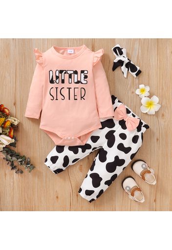 3pcs Baby Girl Letter Print Long-sleeve Romper and Cow Print Trousers Set