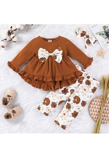 3pcs Baby Girl 95% Cotton Long-sleeve Bow Front Ruffle Hem Top and Allover Floral Print Pants with Headband Set