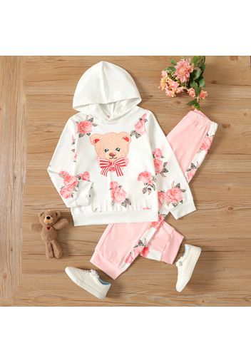 2-piece Kid Girl Floral Bear Print Hoodie Sweatshirt and Colorblock Pants Set