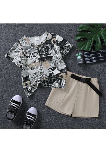 2pcs Toddler Boy Playful Comic Print Tee and Belted Cargo Shorts Set