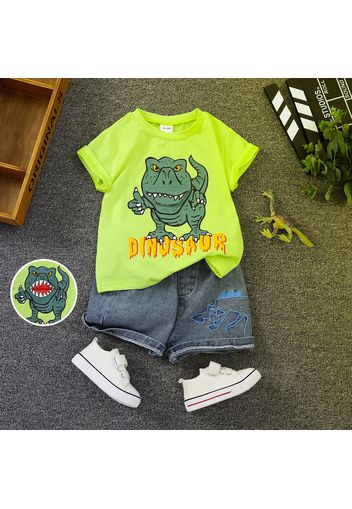 2pcs Toddler Boy Playful Dinosaur Embroidered Denim Shorts and Letter Print Tee Set