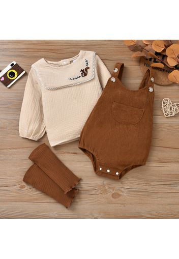 100% Cotton 3pcs Baby Embroidered Crepe Long-sleeve Top and Corduroy Overalls with Knee Pads Set