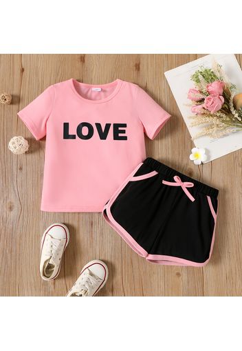 2pcs Toddler Girl Letter Print Short-sleeve Pink Tee and Colorblock Bowknot Design Shorts Set