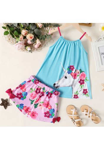 2pcs Kid Girl Unicorn Floral Print Halter Camisole and Bowknot Design Shorts Set