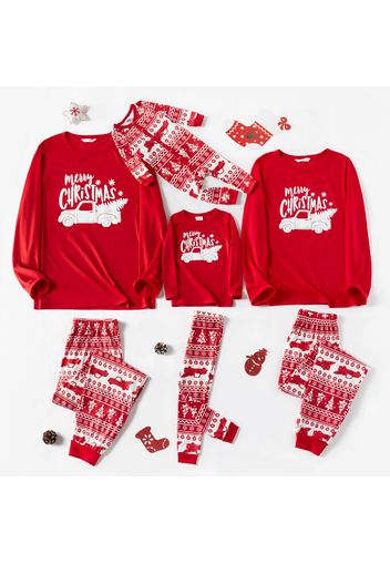 Christmas Car and Letter Print Red Family Matching Long-sleeve Pajamas Sets