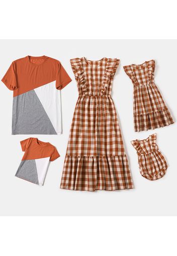 Family Matching Plaid Sleeveless Ruffle Dresses and Colorblock Short-sleeve T-shirts Sets