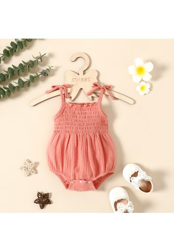 100% Cotton Crepe Baby Girl Solid Sleeveless Spaghetti Strap Shirred Romper