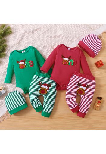 Christmas 3pcs Cartoon Reindeer Embroidered Solid Long-sleeve Romper and Striped Trousers Set