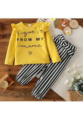 2-piece Toddler Girl Letter Print Ruffled Ribbed Long-sleeve Top and Stripe Paperbag Pants set