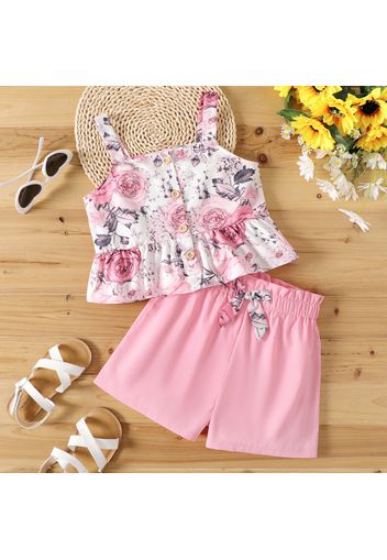 2pcs Kid Girl Floral Print Button Design Camisole and Bowknot Design Pink Shorts Set