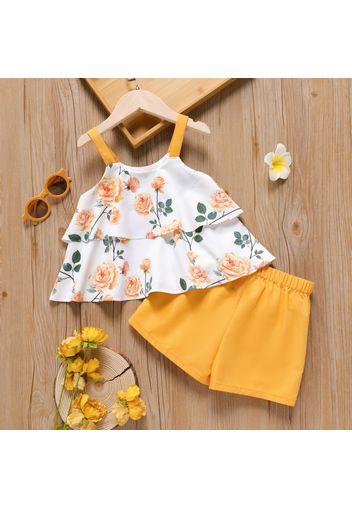 2pcs Toddler Girl Floral Print Layered Camisole and Yellow Shorts Set