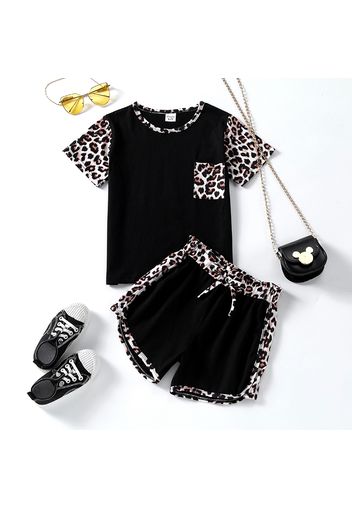 2-piece Kid Girl Leopard Print Colorblock Short-sleeve Tee and Bowknot Design Shorts Set