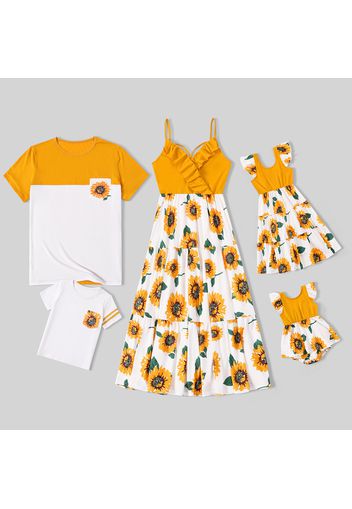 Family Matching Yellow Ruffle V Neck Spaghetti Strap Splicing Sunflowers Print Tiered Dresses and Short-sleeve T-shirts Sets