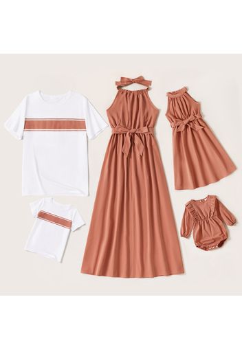 Family Matching Coral Sleeveless Halter Neck Maxi Dresses and Short Sleeve T-shirts Sets