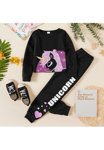 2-piece Kid Girl Unicorn Heart Print Pullover and Letter Print Pants Casual Set