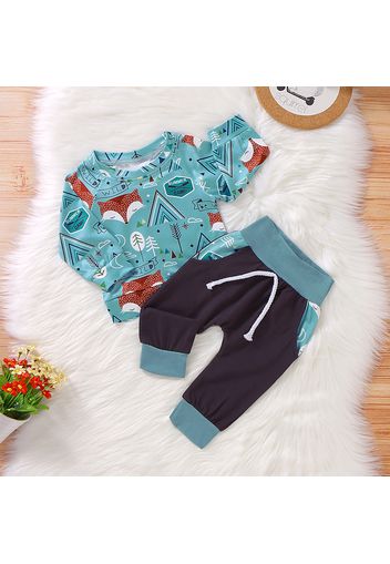 2pcs Fox Allover Color Block Long-sleeve Baby Set