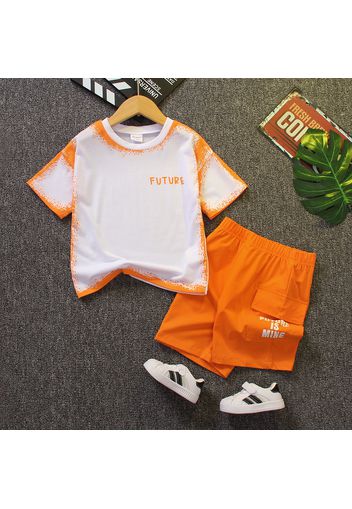 2pcs Toddler Boy Trendy Letter Print Colorblock Tee and Pocket Design Shorts Set