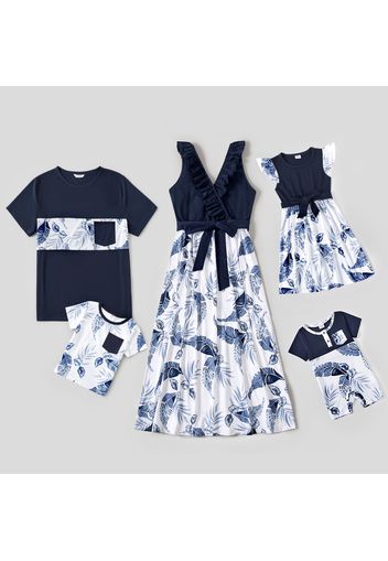 Family Matching Solid V Neck Ruffle Sleeveless Splicing Palm Leaf Print Dresses and Short-sleeve T-shirts Sets