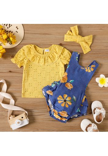 3pcs Baby Girl Floral Print Layered Ruffle Romper and Eyelet Embroidered Puff-sleeve Top with Headband Set