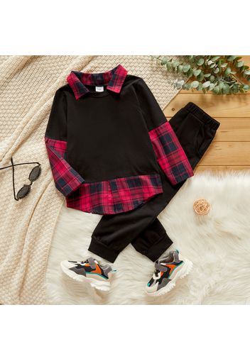 2-piece Toddler Boy Lapel Collar Plaid Faux-two Top and Black Elasticized Pants Set