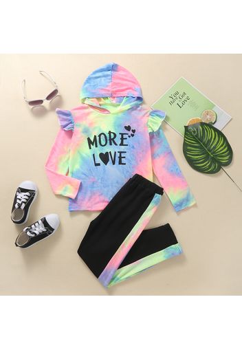 2-piece Kid Girl Ruffle-sleeve Tie-dye Print Hoodie and Tie-dye Print Pants Set