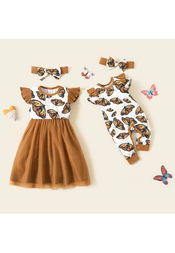 Sibling Matching All Over Butterfly Print Flutter-sleeve Mesh Splicing Dress and Jumpsuit Sets