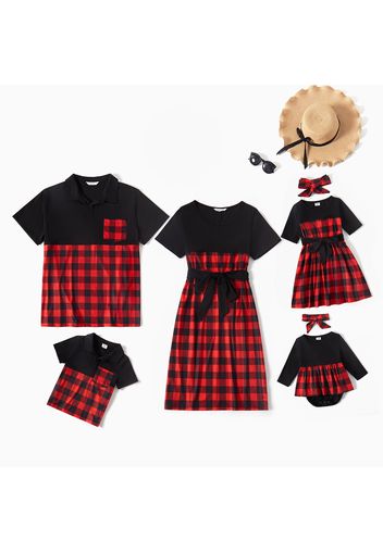 Family Matching Red Plaid Splicing Short-sleeve Belted Dresses and Polo Shirts Sets