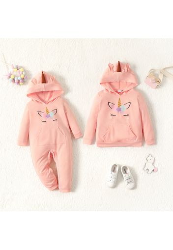 Cartoon Unicorn Print Pink Long-sleeve Hoodies for Sister and Me