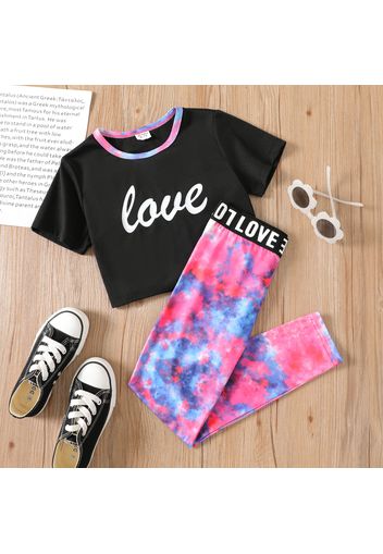 2pcs Kid Girl Letter Print Crop Top and Tie Dyed Leggings Set