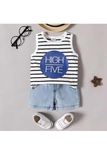 2pcs Baby Boy/Girl 95% Cotton Letter Print Striped Tank Top and Denim Shorts Set