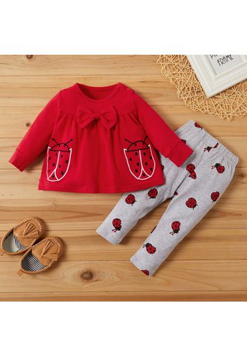 2pcs Ladybug Pattern Bowknot Decor Long-sleeve Baby Set