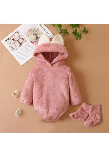 Baby 3pcs Pink/White Solid Long-sleeve Hooded Flannel Romper with Socks Set