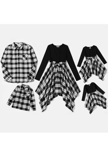 Family Matching Long-sleeve Plaid Splicing Dresses and Shirts Sets